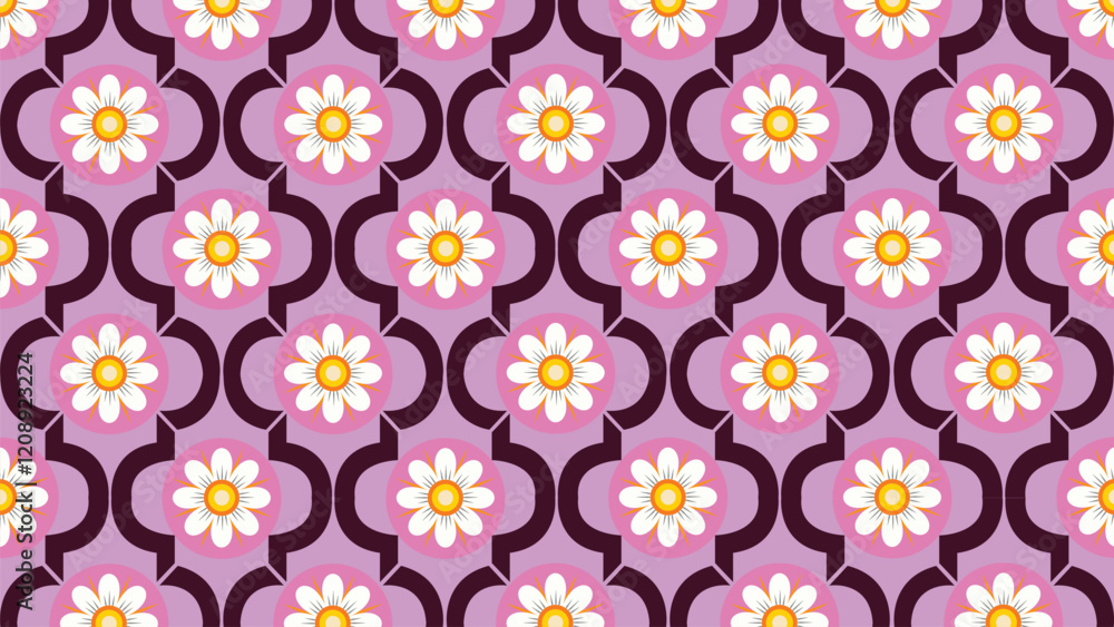Pink Floral Ogee Pattern with Daisy Motifs. A seamless pattern featuring charming white daisies with bright yellow centers, framed by a vibrant pink and maroon ogee lattice design. Pink Floral Ogee Pattern with Daisy Motifs. A seamless pattern featuring charming white daisies with bright yellow centers, framed by a vibrant pink and maroon ogee lattice design.