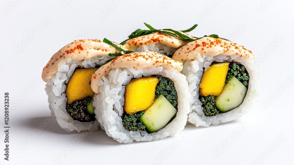Three colorful sushi rolls featuring mango, cucumber, and greens, garnished with sesame seeds, against a clean white background. Three colorful sushi rolls featuring mango, cucumber, and greens, garnished with sesame seeds, against a clean white background.