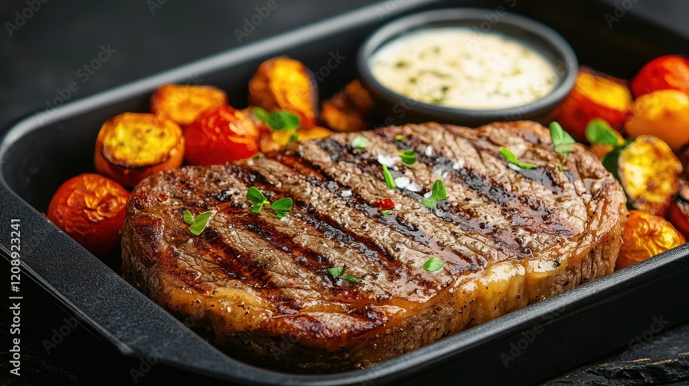 A delicious grilled steak served with roasted vegetables and a creamy dipping sauce, showcasing rich textures and vibrant colors. A delicious grilled steak served with roasted vegetables and a creamy dipping sauce, showcasing rich textures and vibrant colors.