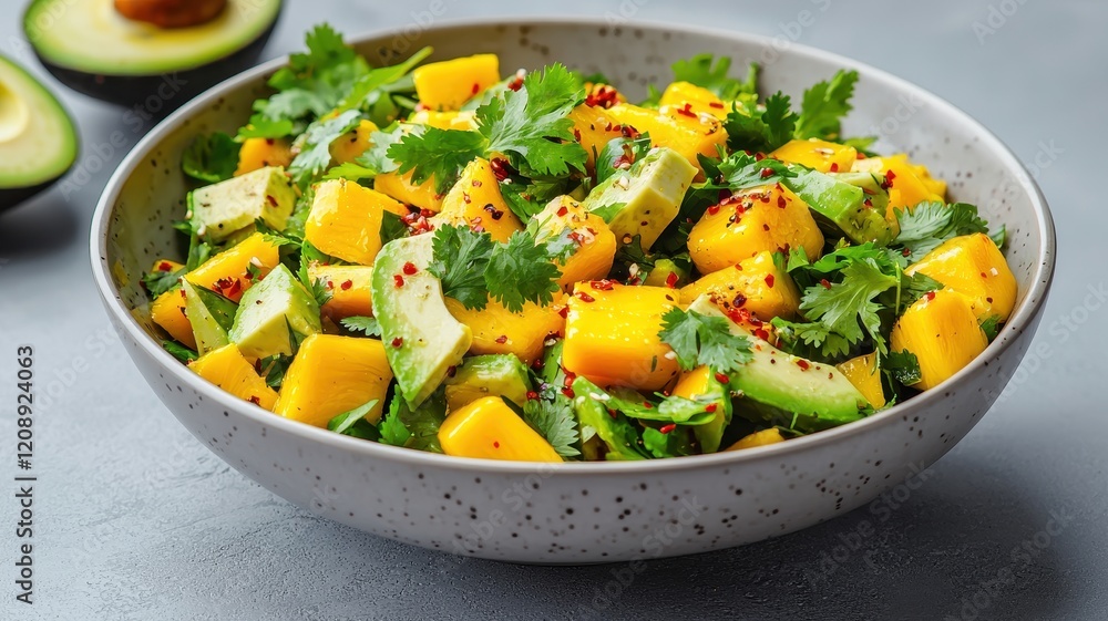 A vibrant salad featuring diced mango, cucumber, and fresh cilantro, garnished with red pepper flakes, served in a speckled bowl. A vibrant salad featuring diced mango, cucumber, and fresh cilantro, garnished with red pepper flakes, served in a speckled bowl.