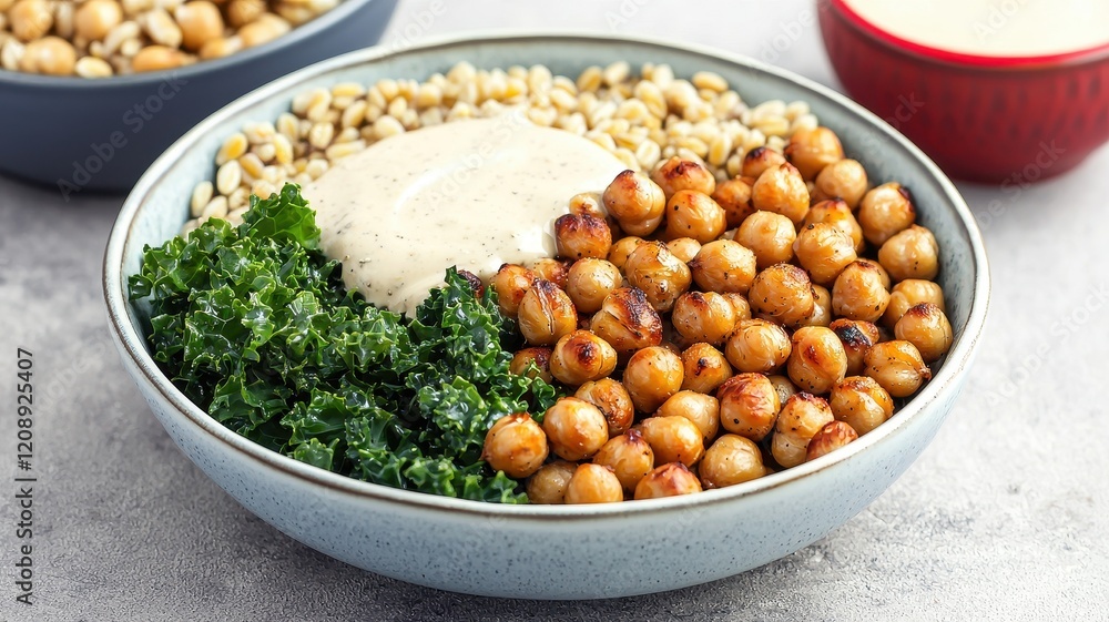 A delicious bowl of roasted chickpeas, grains, kale, and a creamy sauce, offering a nutritious and satisfying meal option. A delicious bowl of roasted chickpeas, grains, kale, and a creamy sauce, offering a nutritious and satisfying meal option.