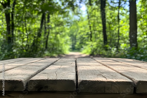 Wooden Tabletop Forest Background Scenic View
