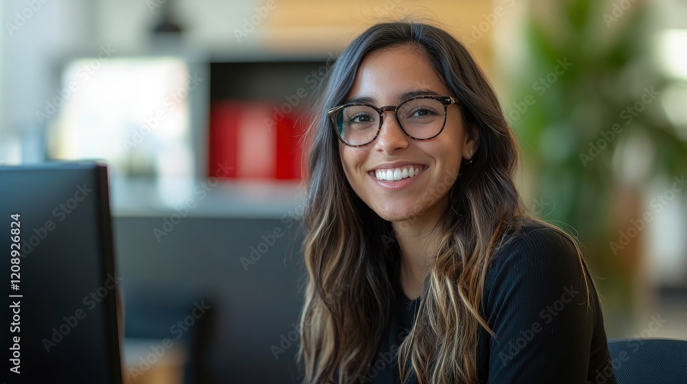 Portrait of Enthusiastic Hispanic Young Woman Working on Computer in a Modern Bright Office. Confident Human Resources Agent Smiling Happily While Collaborating Online with Colleagues. Portrait of Enthusiastic Hispanic Young Woman Working on Computer in a Modern Bright Office. Confident Human Resources Agent Smiling Happily While Collaborating Online with Colleagues.