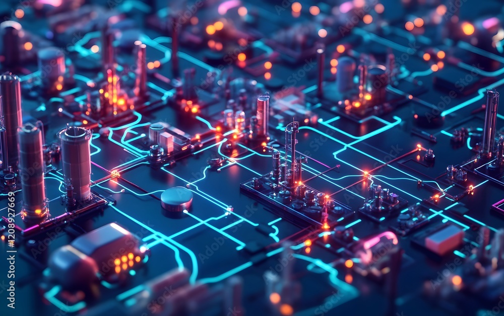Fototapeta premium A vibrant close-up of a futuristic circuit board showcasing intricate designs and glowing pathways, representing advanced technological innovation.