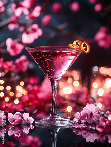 A cosmopolitan cocktail in a sleek martini glass with a bright pink hue, garnished with a citrus peel. photo