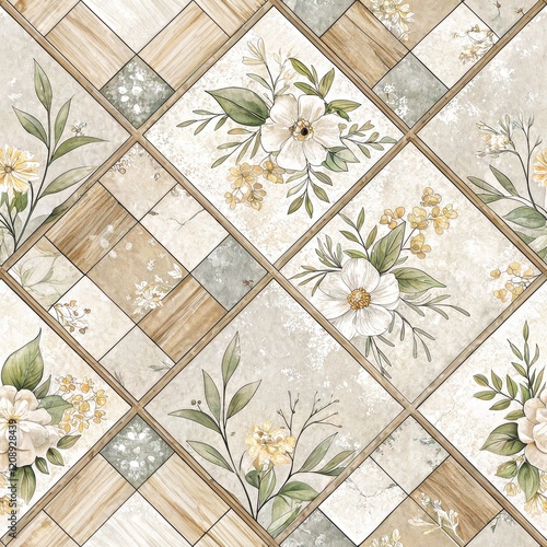 Elegant Floral Tile Pattern Beige White Wooden Diamond Design for Interior Decor