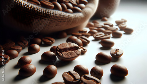 Coffee Several coffee beans scattered on a white surface with a single coffee bean in the foreground detail4 photo