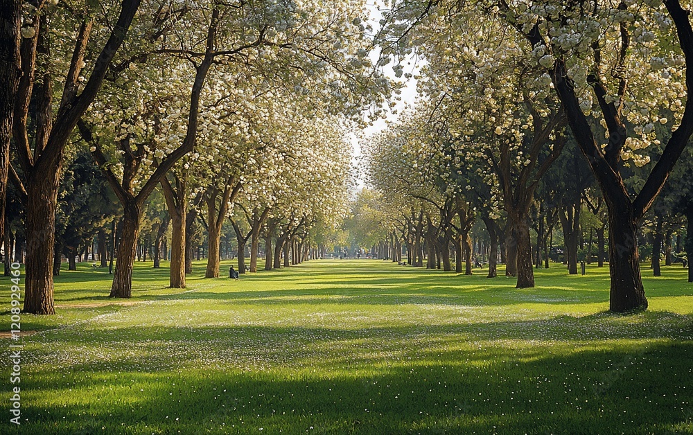 Naklejka premium Sunlit path through blossoming trees in a park.