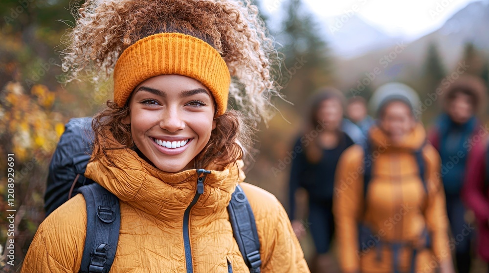 Cheerful friends enjoy a group hike in the mountains during a sunny autumn day with vibrant nature around them Cheerful friends enjoy a group hike in the mountains during a sunny autumn day with vibrant nature around them