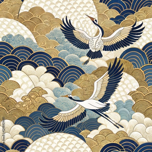Elegant Japanese Cranes Soaring Above Golden and Blue Clouds Asian Art Design