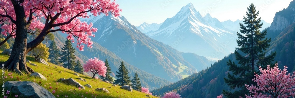 Springtime mountain landscape with blooming trees, winter, forest, greenery Springtime mountain landscape with blooming trees, winter, forest, greenery