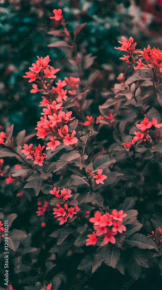 Vibrant red flowers bloom in lush greenery during a sunny afternoon Vibrant red flowers bloom in lush greenery during a sunny afternoon