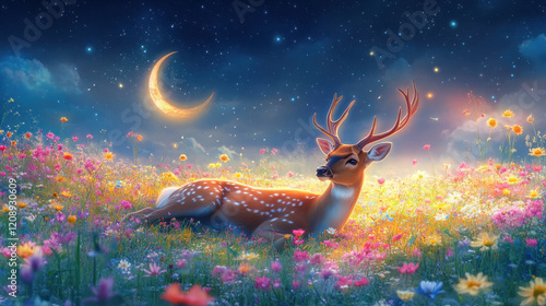 A calm deer lying peacefully in a field of wildflowers under a starry sky, the crescent moon casting a soft glow on its antlers, vibrant meadow colors blending into the night