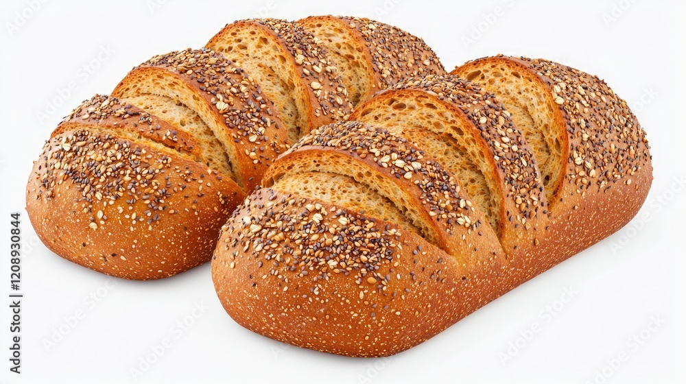 Freshly baked whole grain bread loaves garnished with seeds on a white background. Freshly baked whole grain bread loaves garnished with seeds on a white background.
