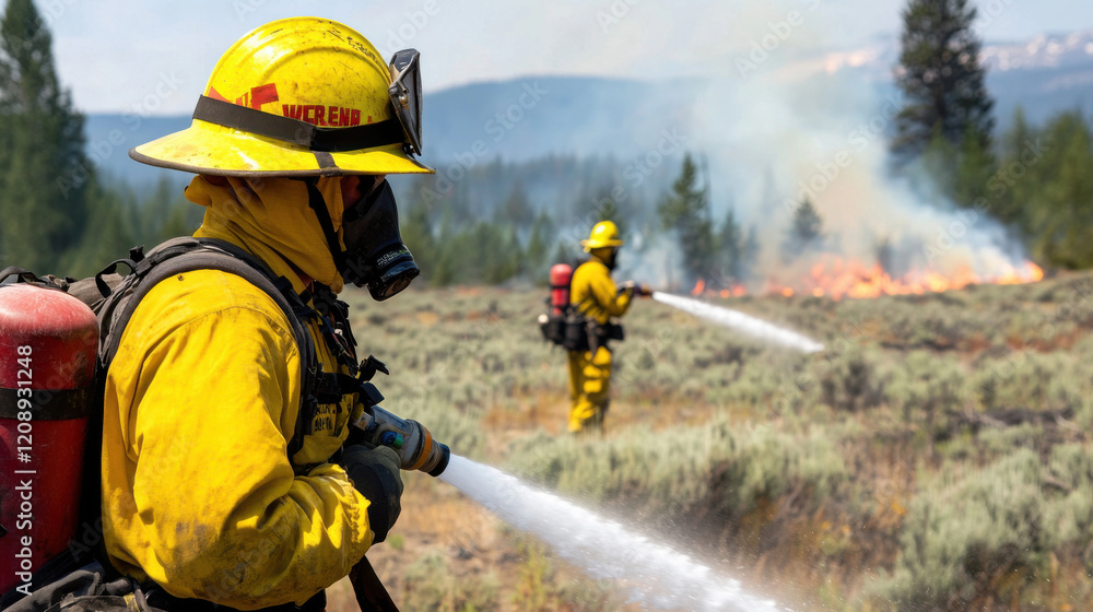 Firefighters battle a wildfire, using hoses to extinguish flames amidst a dry, grassy landscape. Firefighters battle a wildfire, using hoses to extinguish flames amidst a dry, grassy landscape.