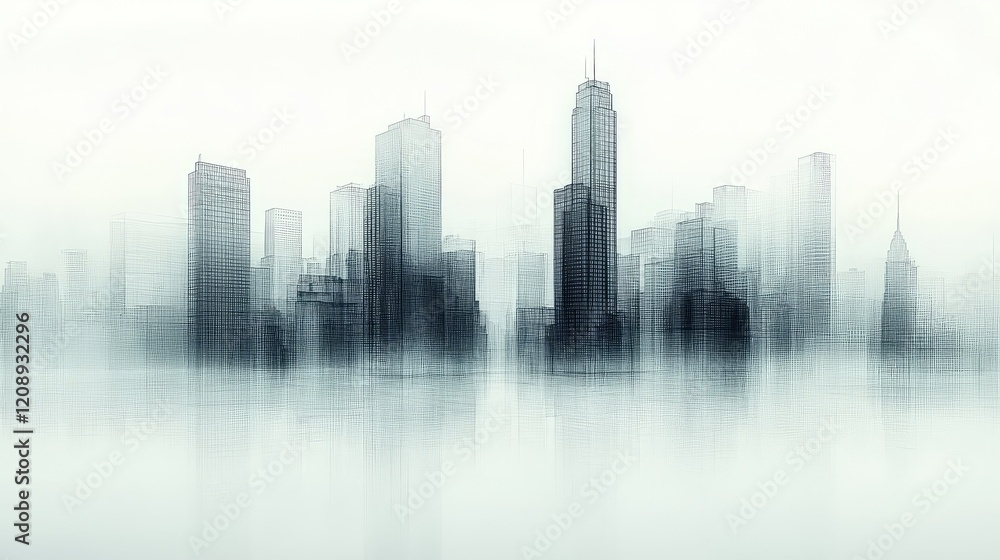 Obraz premium A misty skyline showcasing towering buildings in an ethereal silhouette.