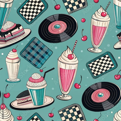 Retro Diner Seamless Pattern Vintage Milkshakes Records Checkered Designs