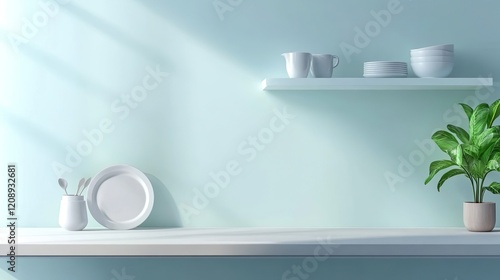 Minimalist home kitchen interior with washbasin and gas stove, empty space
