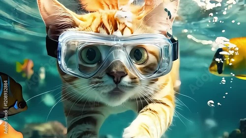 A cat swimming in an aquarium, surrounded by water, with striped fur and intense eyes, captured in a cute, cartoon-style vector illustration