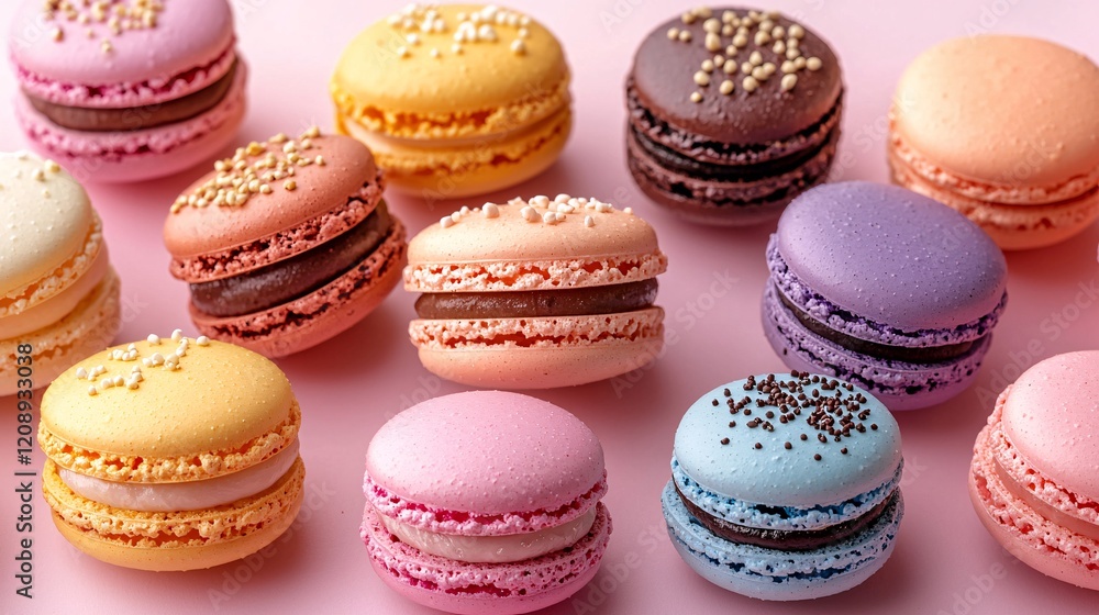 Colorful macarons arranged artfully on a pastel background, showcasing various flavors and textures in a delightful, sweet presentation. Colorful macarons arranged artfully on a pastel background, showcasing various flavors and textures in a delightful, sweet presentation.