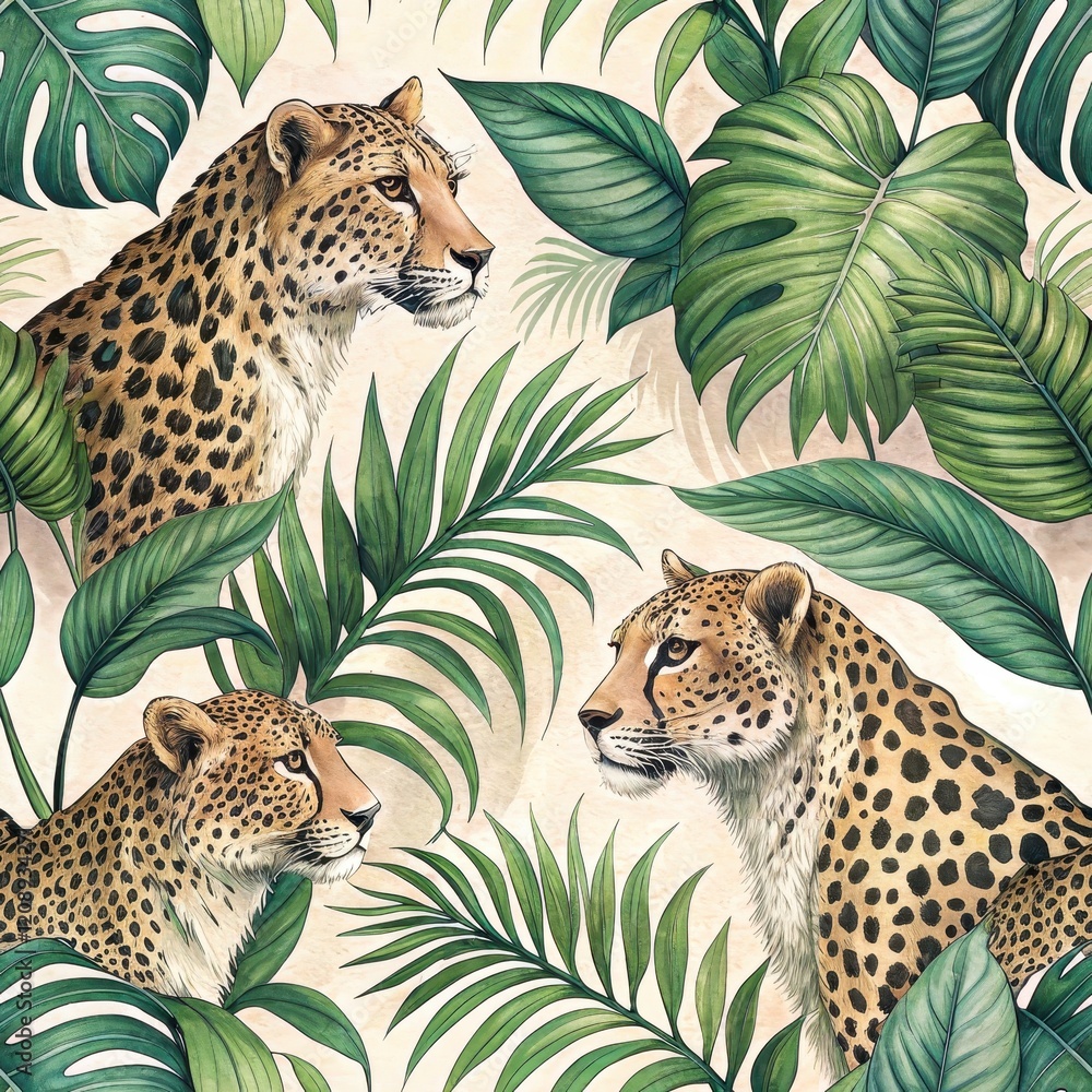Naklejka premium Elegant Cheetahs Amidst Lush Tropical Foliage Watercolor Wildlife Art Print