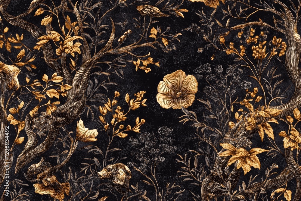 Dark, moody floral seamless pattern with gold accents on a black background, featuring intricately detailed branches, leaves, and flowers. Dark, moody floral seamless pattern with gold accents on a black background, featuring intricately detailed branches, leaves, and flowers.