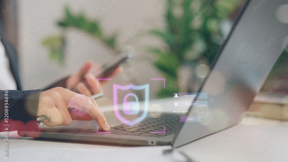 Obraz premium Cyber security and data protection. Businessmen using laptops protect business and financial data with virtual network connections, smart solutions from cyber attacks, cybersecurity technology