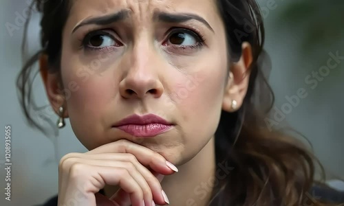 Close-up portrait of a pensive young woman with a troubled expression