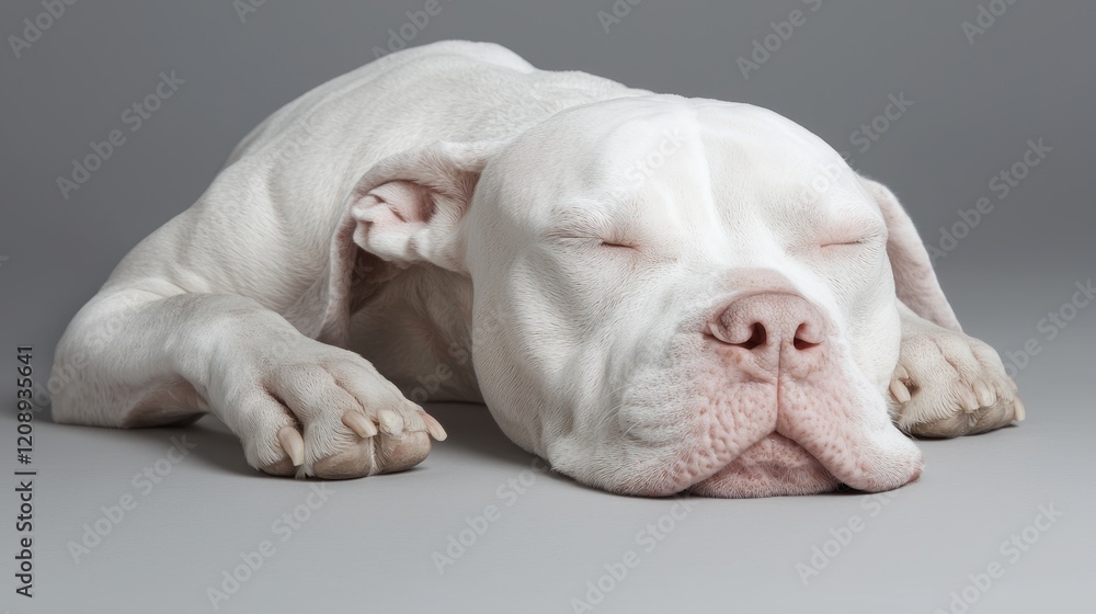 White dog sleeping peacefully on gray background. Studio shot for pet adoption White dog sleeping peacefully on gray background. Studio shot for pet adoption