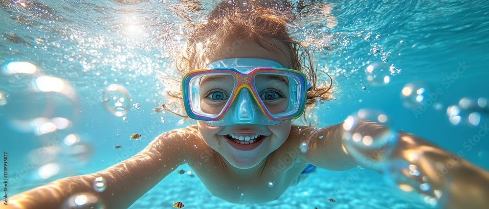 Fototapeta premium Child swimming underwater with colorful goggles in pool