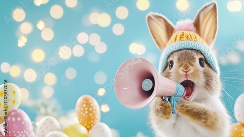 A cheerful Easter rabbit wearing a colorful knit hat holds a pink megaphone, surrounded by pastel-decorated Easter eggs. The background features soft bokeh lights, evoking a festive and joyful atmosph
