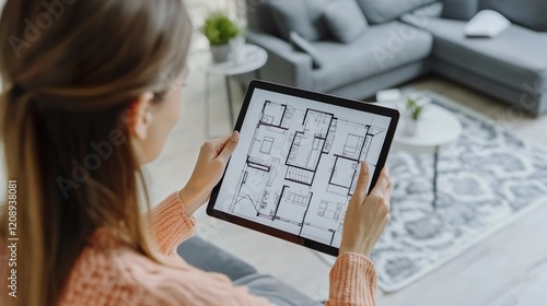 Planning, tablet and woman in office for creative project with home development sketching. Career, digital technology and female interior designer working on luxury living space with online blueprint