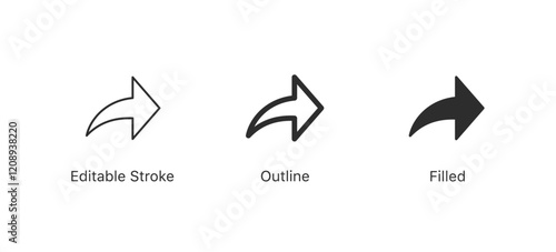 share icon symbol, forward, send, reply, icons in editable stroke, outline, and filled styles for communication, messaging, sharing. social media and network icons