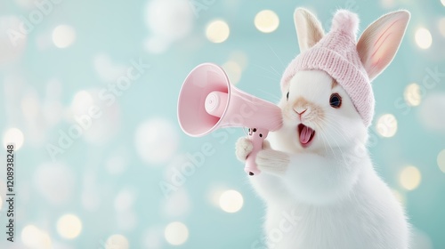 A delightful white bunny wearing a knitted pink hat and holding a pink megaphone against a soft bokeh pastel background. The playful expression adds charm and vibrancy