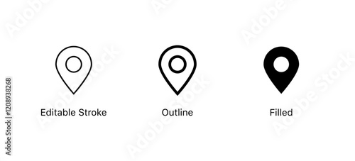 location pin icon in editable stroke, outline, and filled styles. for navigation, maps and geolocation designs in apps, websites and user interfaces