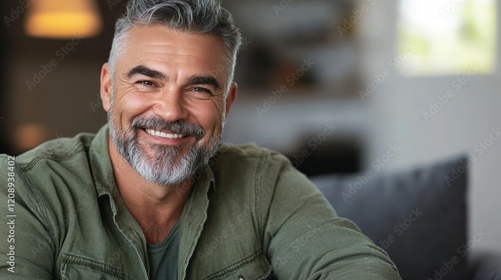 Portrait of happy smiling middle aged mature senior 50 years old bearded man wearing green shirt sitting on couch at home interior looking at camera relaxing on sofa in modern house. Portrait of happy smiling middle aged mature senior 50 years old bearded man wearing green shirt sitting on couch at home interior looking at camera relaxing on sofa in modern house.
