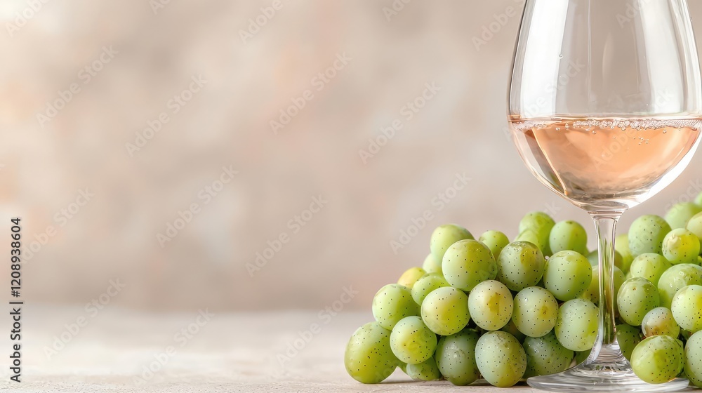 Ros? wine glass and green grapes on table. Use Wine tasting menu, wine blog, winery website Ros? wine glass and green grapes on table. Use Wine tasting menu, wine blog, winery website