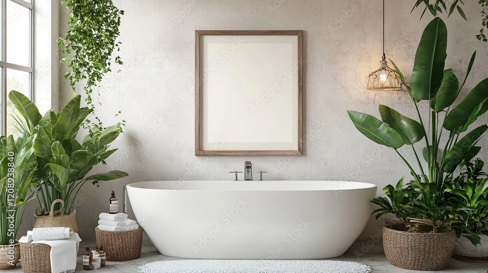 Fototapeta premium Poster frame mockup in white cozy bathroom interior background