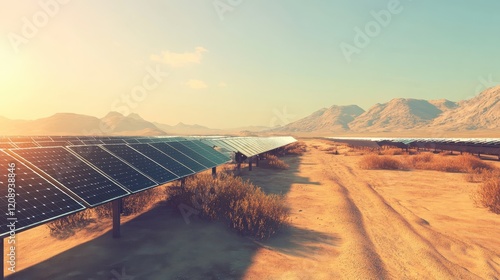 Solar Farm with Photovoltaic Panels in Desert Landscape Under Vibrant Sunrise