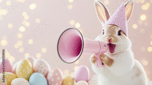 A cute and charming Easter bunny holding a pink megaphone, surrounded by pastel-colored Easter eggs. The background features warm bokeh lights, emphasizing a festive and joyful holiday atmosphere