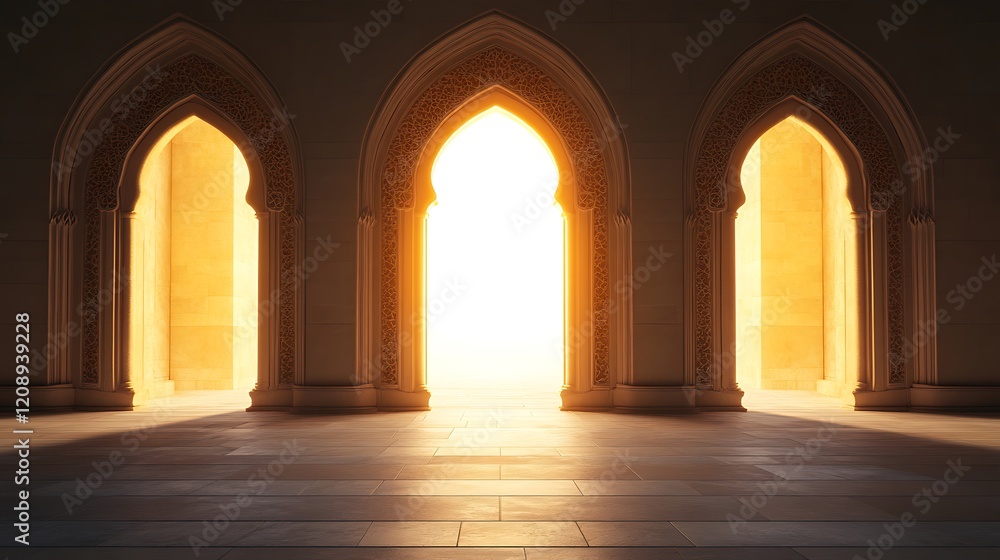 Fototapeta premium Three ornate arched doorways illuminated by sunlight