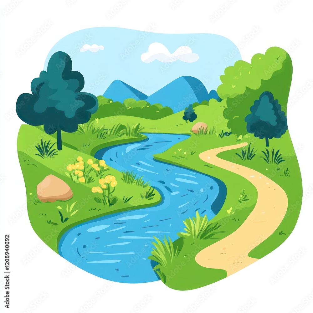 Obraz premium Serene River Winding Through Lush Green Landscape