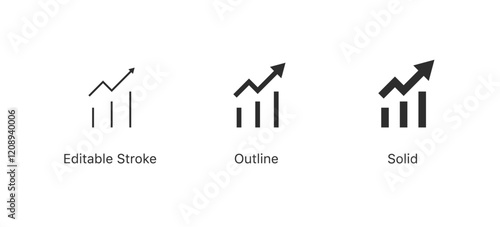 Analytics vector icons set. growth and progress with bar charts and arrows icon in editable stroke, outline, and solid styles. for business, finance, and data visualization designs