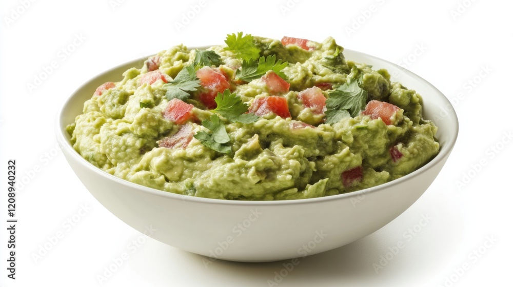 A bowl of creamy guacamole with ripe avocados, lime juice, cilantro A bowl of creamy guacamole with ripe avocados, lime juice, cilantro