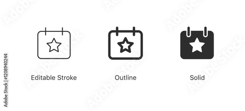 Event calendar icon with star symbol in editable stroke, outline, and solid styles. appointments, scheduling, reminders and planning icons