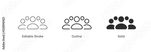 Minimalist group of people icons set. teamwork icon in editable stroke, outline, and solid styles. for teams, communities, social connections, networking, user groups icons