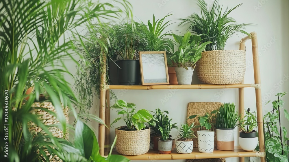 Scandinavian room interior with mock up photo frame on the brown bamboo shelf with beautiful plants in differents hipster and design pots. White walls. Modern and floral concept of shelfs Scandinavian room interior with mock up photo frame on the brown bamboo shelf with beautiful plants in differents hipster and design pots. White walls. Modern and floral concept of shelfs