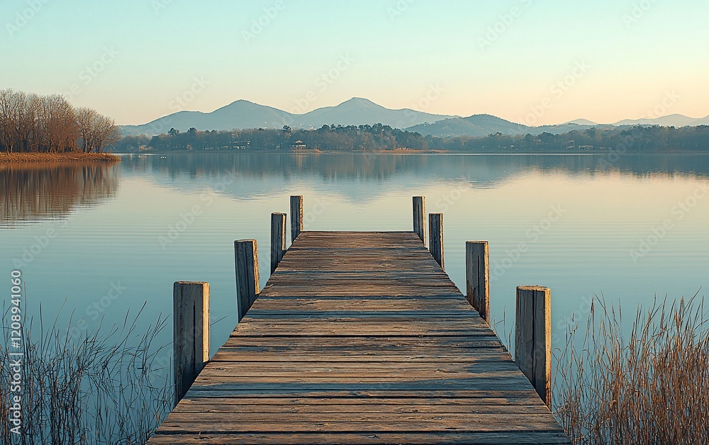 Fototapeta premium Serene lake view with wooden dock at sunrise.