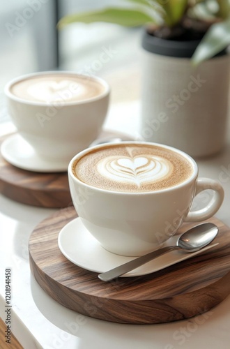 two cups of cappuccino with beautiful latte art, sitting on white plates and wooden stands in an aesthetic coffee shop