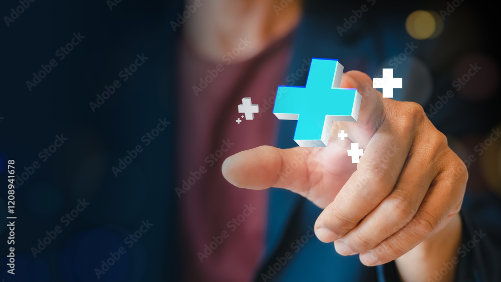Businessman pointing a blue plus sign, representing a mindset of positivity, mental health care, and insurance in mental rejuvenation, positive thinking mindset Businessman pointing a blue plus sign, representing a mindset of positivity, mental health care, and insurance in mental rejuvenation, positive thinking mindset